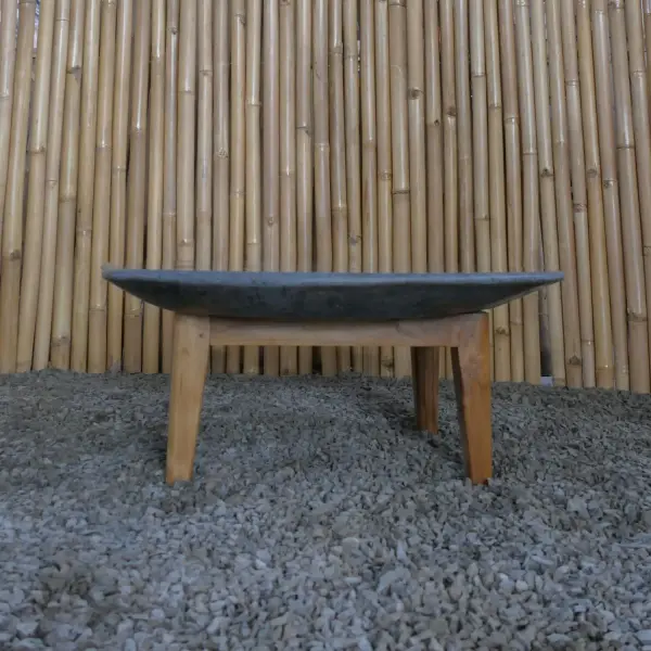 Product image 3 of the product “Unique round flat Table, made from Riverstone slate with teak feet, approx dia. 80cm, 30cm height and 6cm thickness ”